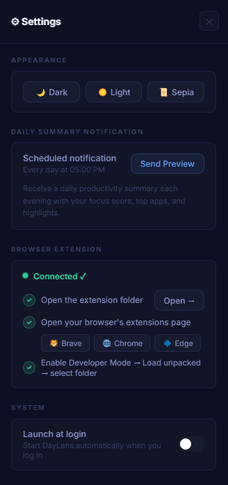 DayLens Settings panel